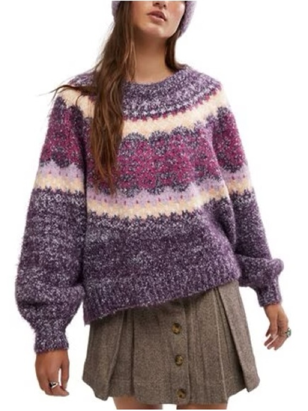 Free People Festive Frost Purple & Cream Fair Isle Crewneck Sweater